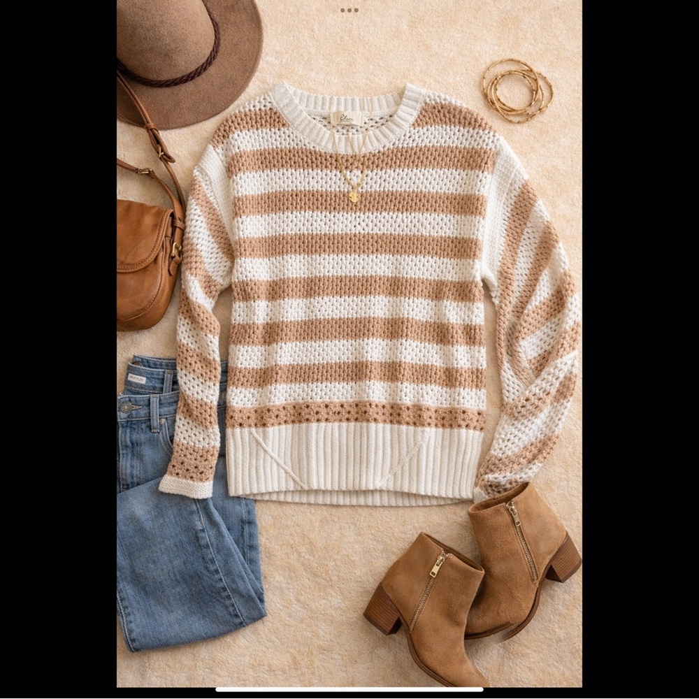 Elan Cozy Stripe Cotton Sweater XL Neutral Boho Chunky Knit Pullover